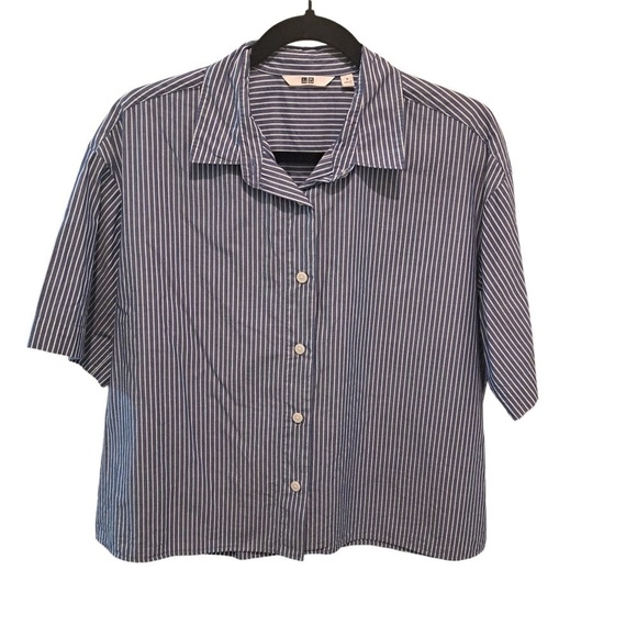 Uniglo 100% Cotton Button Down Striped Collared Short Sleeve Blouse Size S - Picture 1 of 3